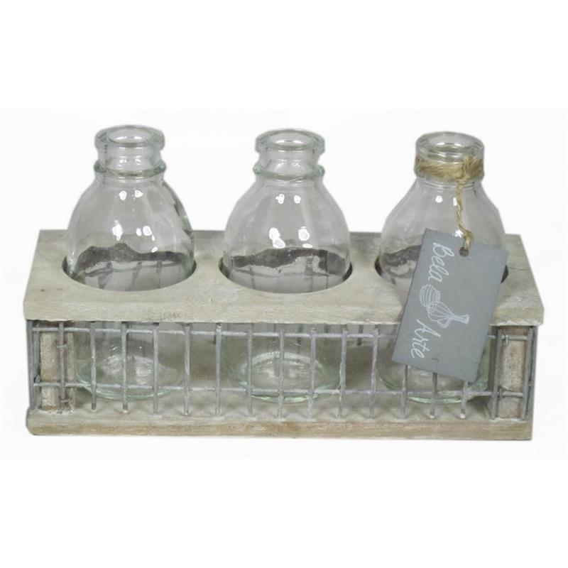 Decoration wooden tray w/iron 8x21x11cm 3xbottle