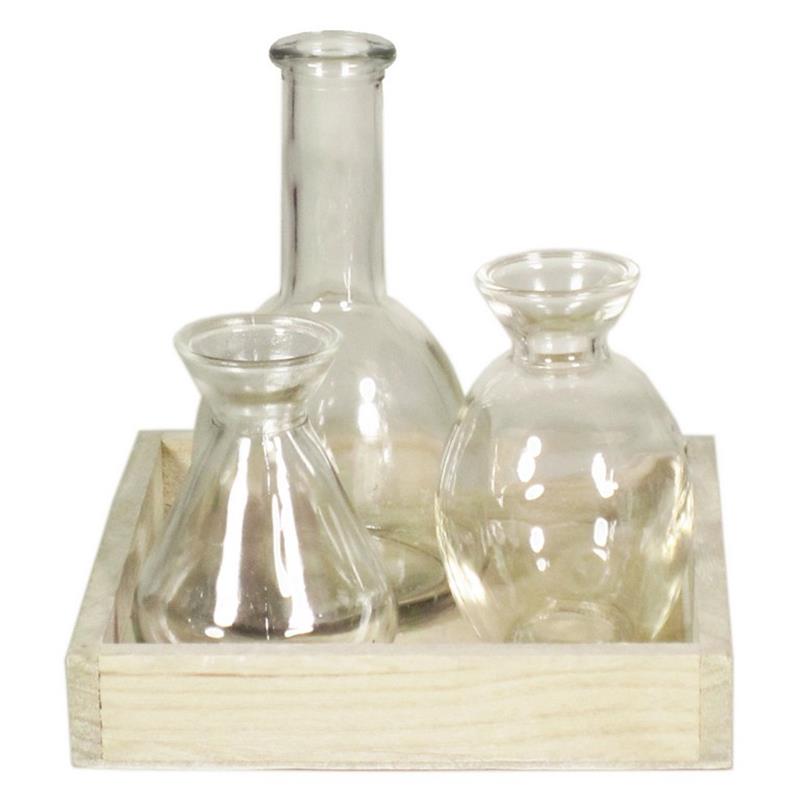 Decoration wooden plateau d17 h16cm w/3 bottle