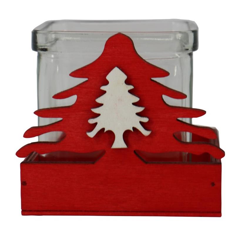 Vierkant Hout met spar rood 9x9x8.3cm 1x glas