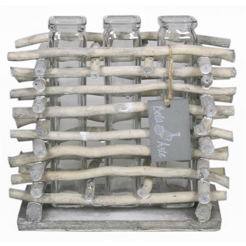 Décoration bois branche  d18x8.5 h17cm 3x verre