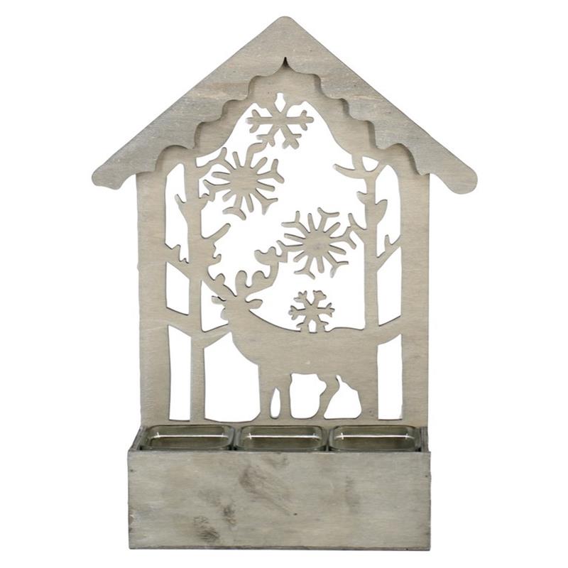 Wood deer snowflakes 25x9.5x42.5cm 3x glass