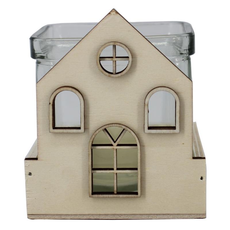 Carré bois maison L8.2xP9xH9.5cm cube verre 7.5x7.5x7.5cm