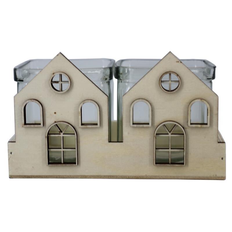 Bois 2 maisons L16.3xP9xH9.5cm, 2 cubes verre 7.5x7.5x7.5cm