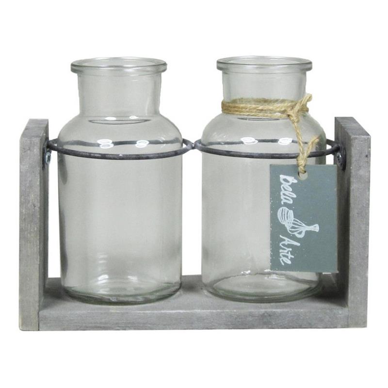 Decoration wood 18x8x13cm grey 2x glass