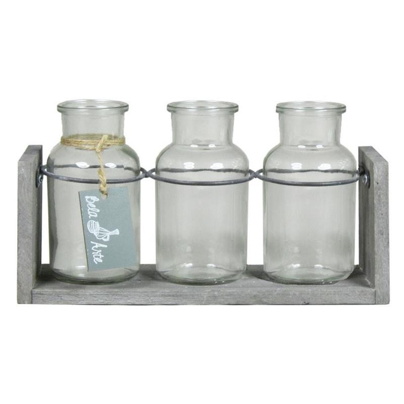 Decoration wood 25x8x13cm grey 3x glass