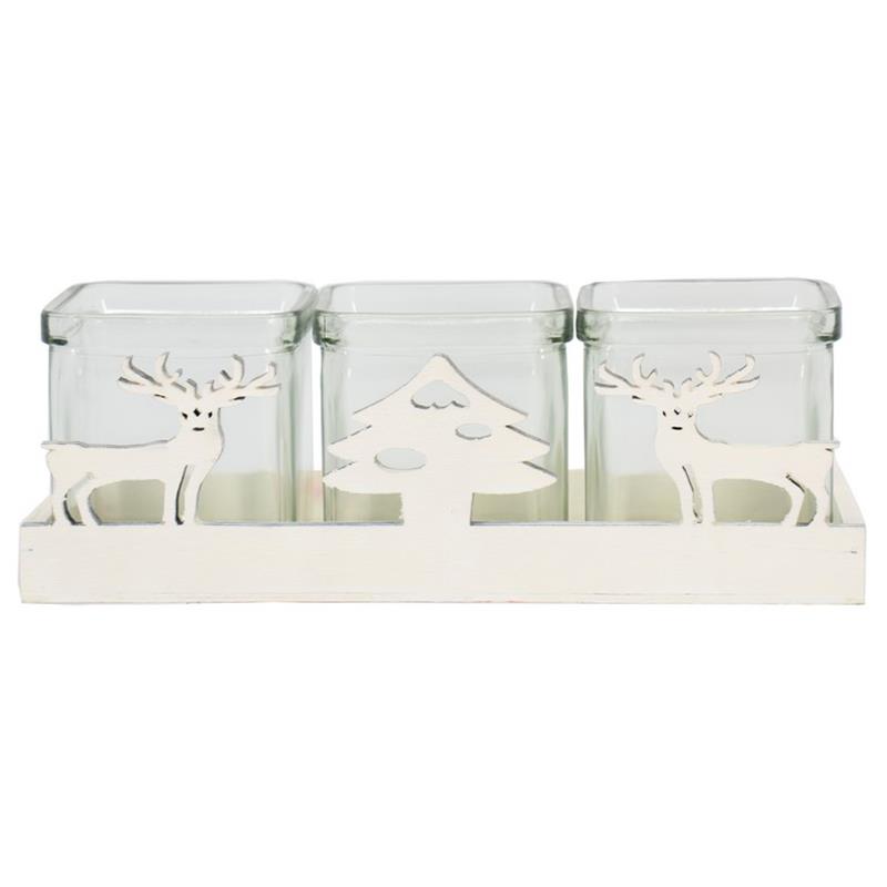 Rechthoek Hout hert xmas rood 24.5x9x6.8cm 3x glas