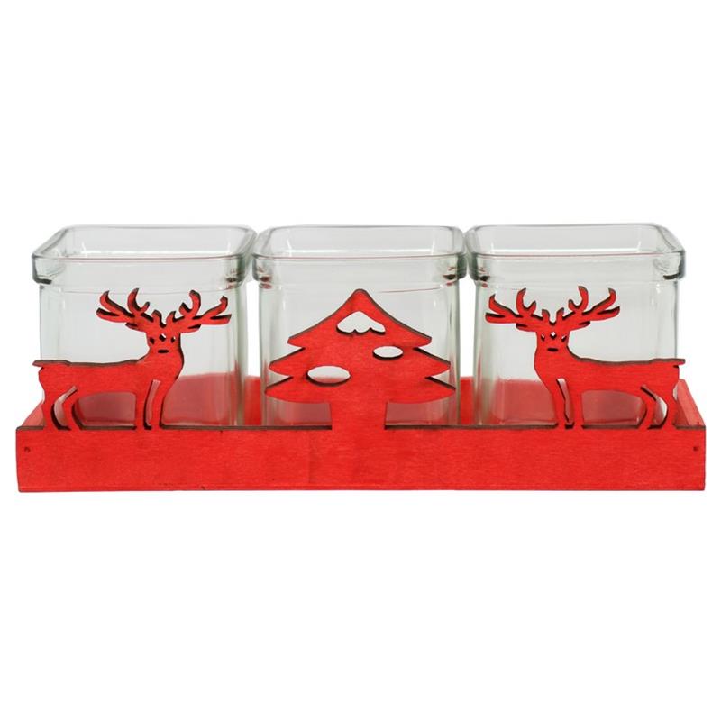Rechthoek Hout hert xmas rood 24.5x9x6.8cm 3x glas