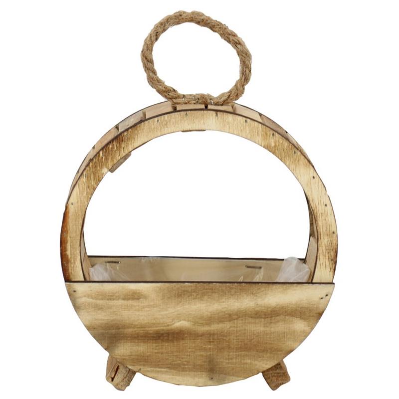 Hout rond planter jute handvat d23x8 h23.5cm
