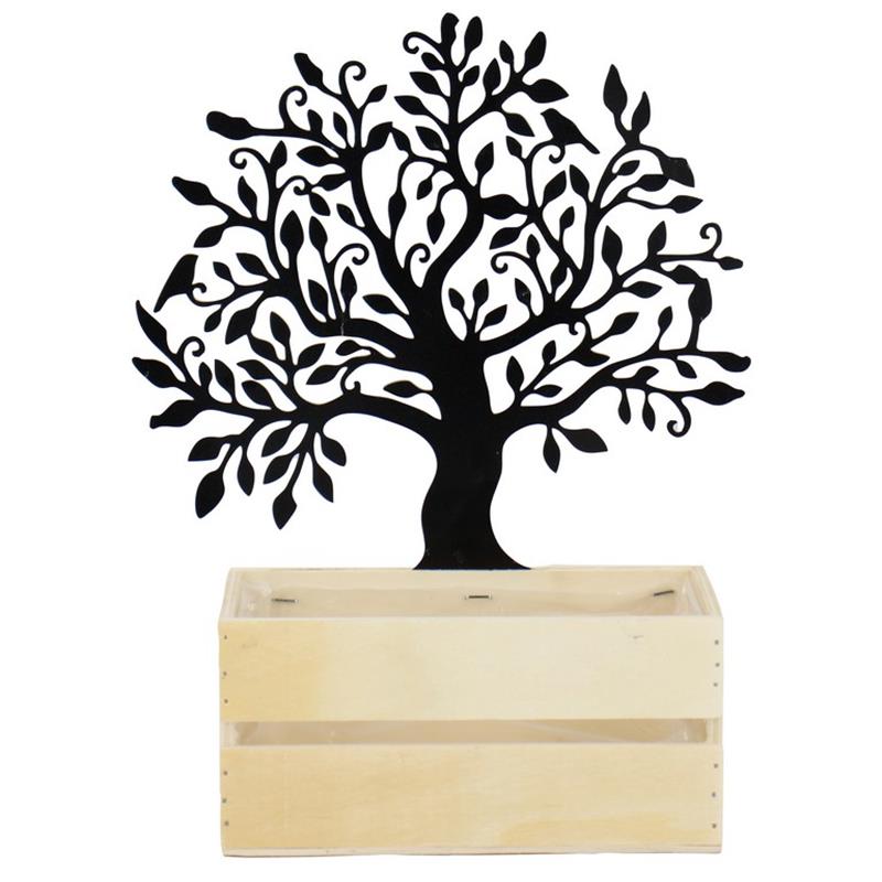 Rechthoek hout met boom zink d20x11 h9.5/33cm