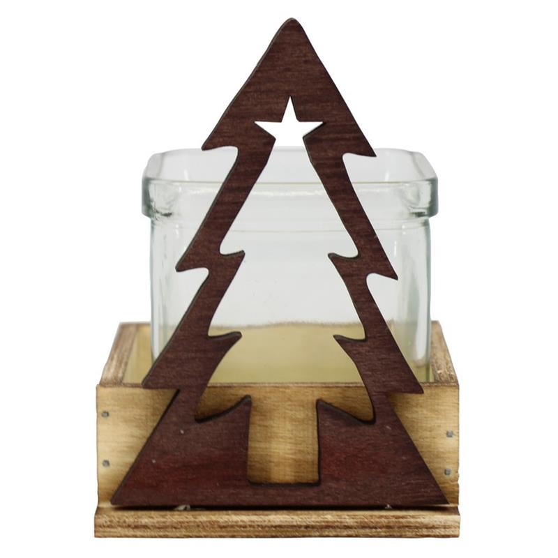 Vierkant hout kerstboom bruin 1x accubak d9/10 h8.5/12.5cm