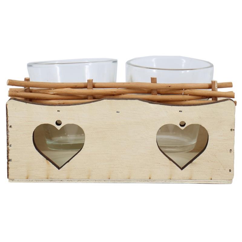 Decoratiebak hart 2x glas 16.6x9.5x8.5cm hout/riet