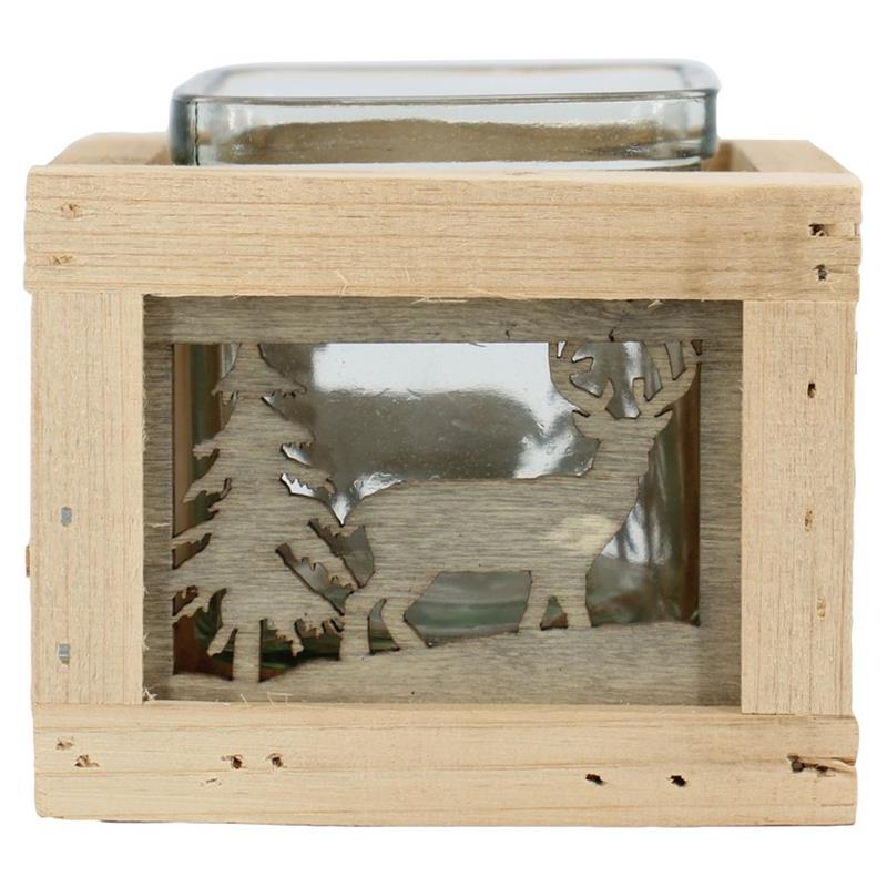 Decoratiebak hert 1x glas d10.5 h8.5/10cm hout