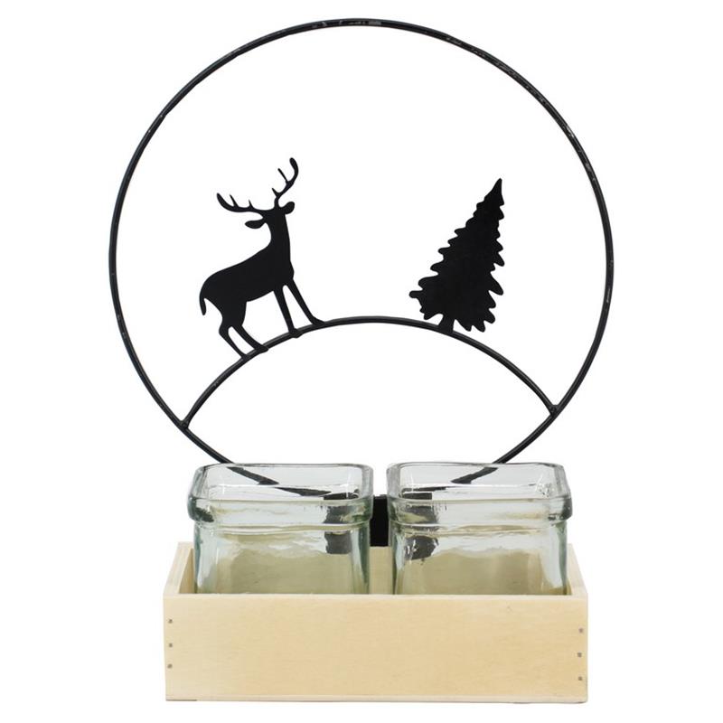 Decoratiebak hert/spar 2x glas 17x9.5x8.5cm hout/metaal