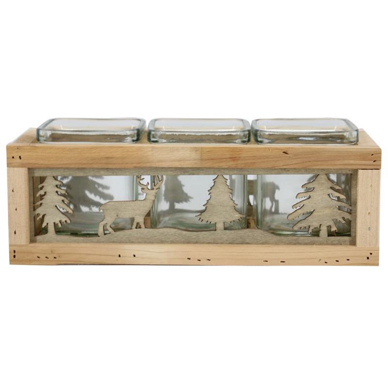 Decoratiebak hert/spar 3x glas 26.5x10.5x8.5/9cm hout