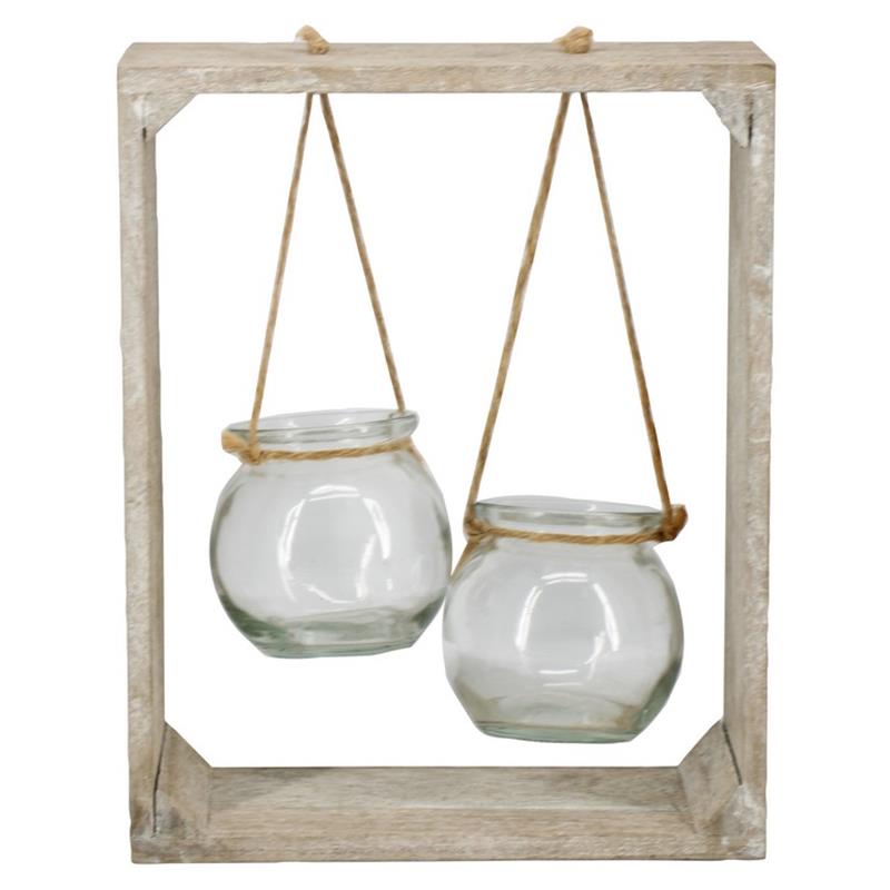 Decoratie rek m/2potjes 20x8x25cm hout