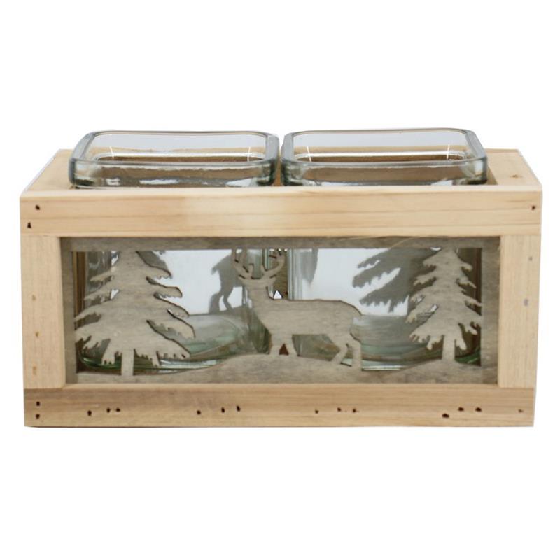 Decoration Reh/Tanne 2x Glas 18.5x10.5x8.5/9Zm Holz