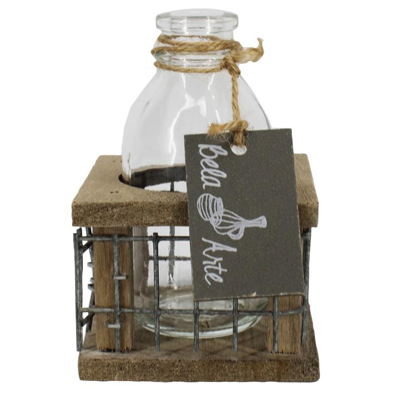 Decoratiebak vierkant hout m/ijzer m/fles d8 h11cm
