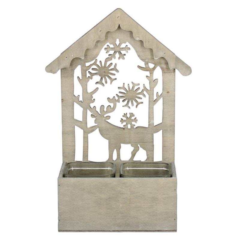 Decoración madera ciervo/nieve 2x vaso 17x9.5x31cm