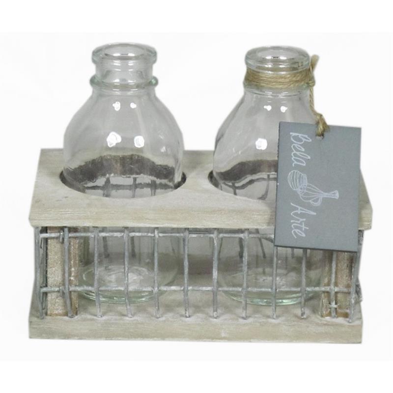 Decoratiebak hout m/ijzer m/2x fles 14.5x8x11cm