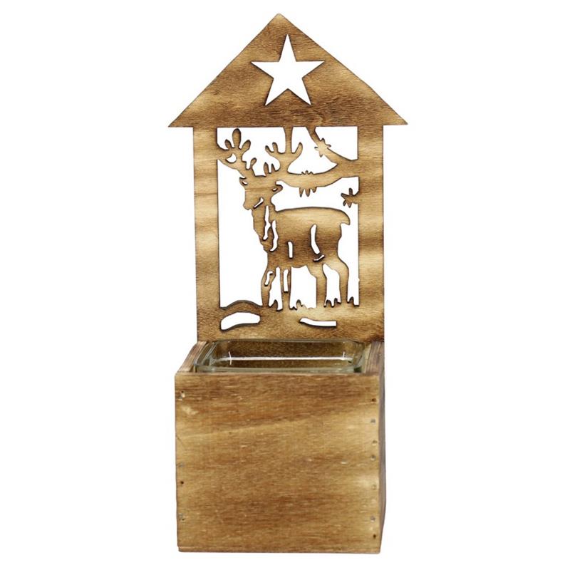 Decoratiebak hert/ster 1x glas 9x9.5x24cm 1x hout bbq