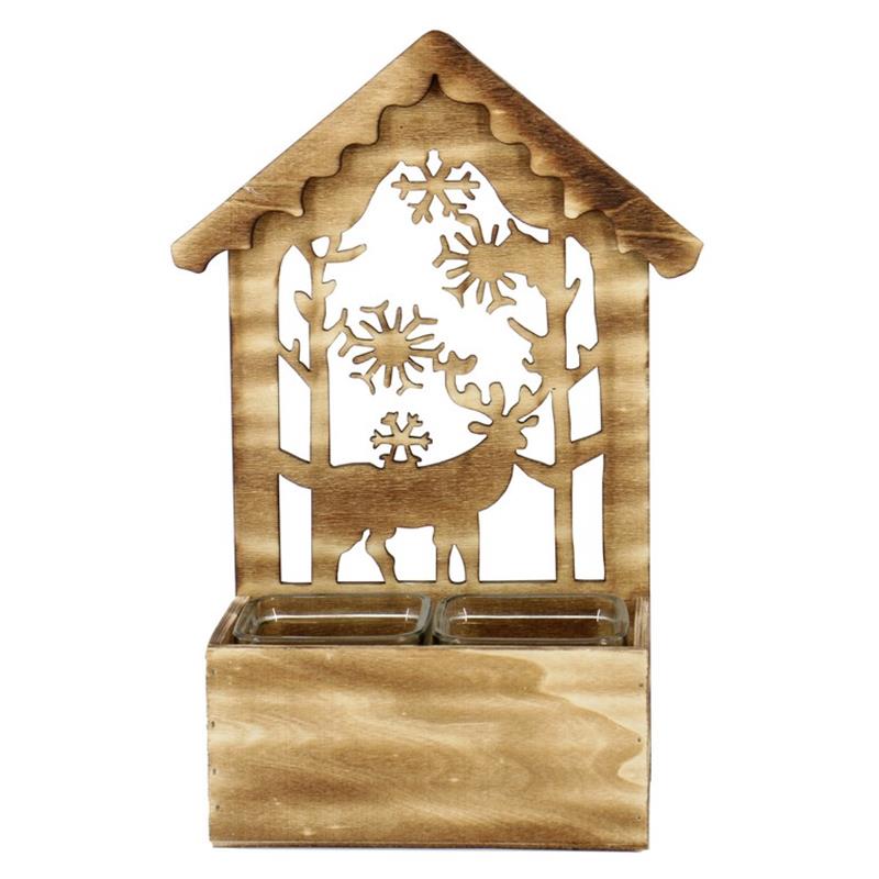 Decoratiebak hert/sneeuwvlok 2x glas 17x9.5x31cm hout bbq
