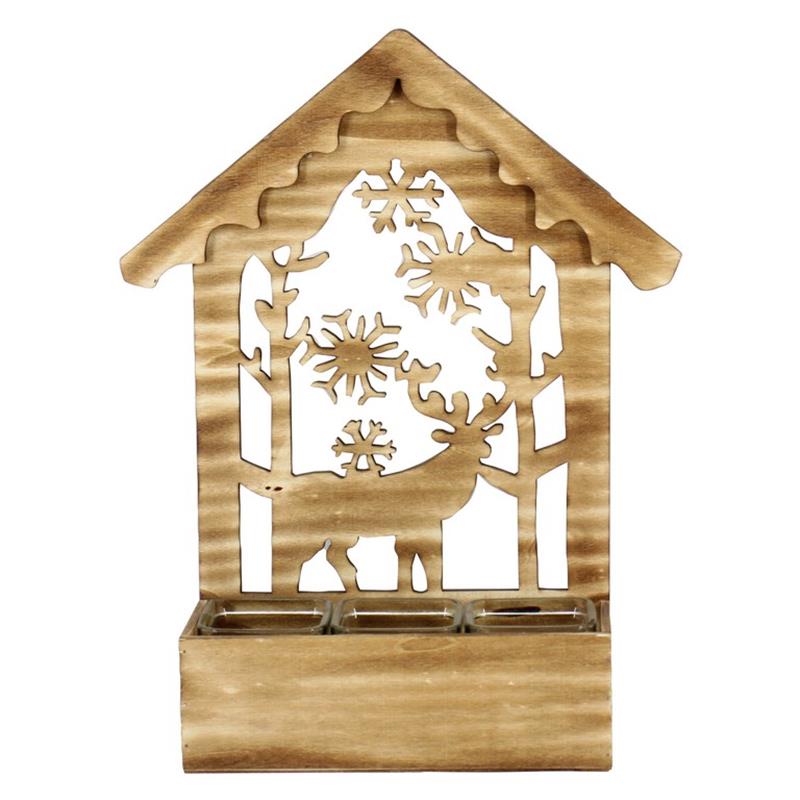 Decoratiebak hert/sneeuwvlok 3x glas 25x9.5x42.5cm hout bbq