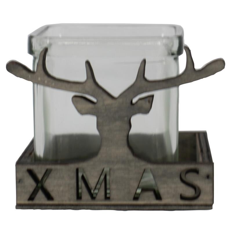 Decoratiebak Xmas/hert 1x glas 9.5x9x7.8cm hout