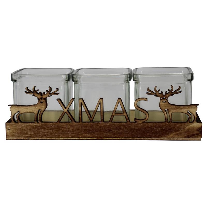 Decoratiebak Xmas/hert 3x glas 24.5x9x6.8cm hout